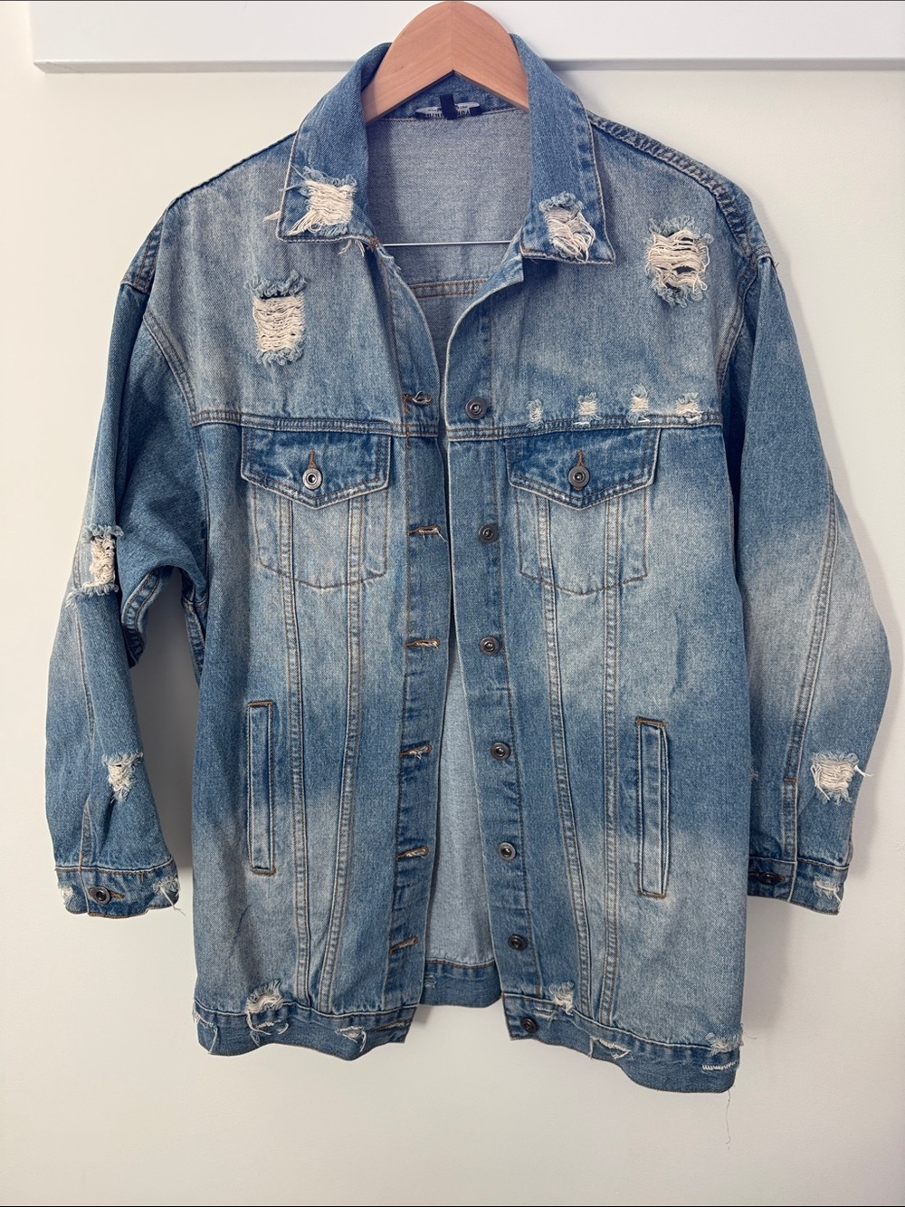 Fashion Nova Light Blue Distressed Oversized Denim Jacket